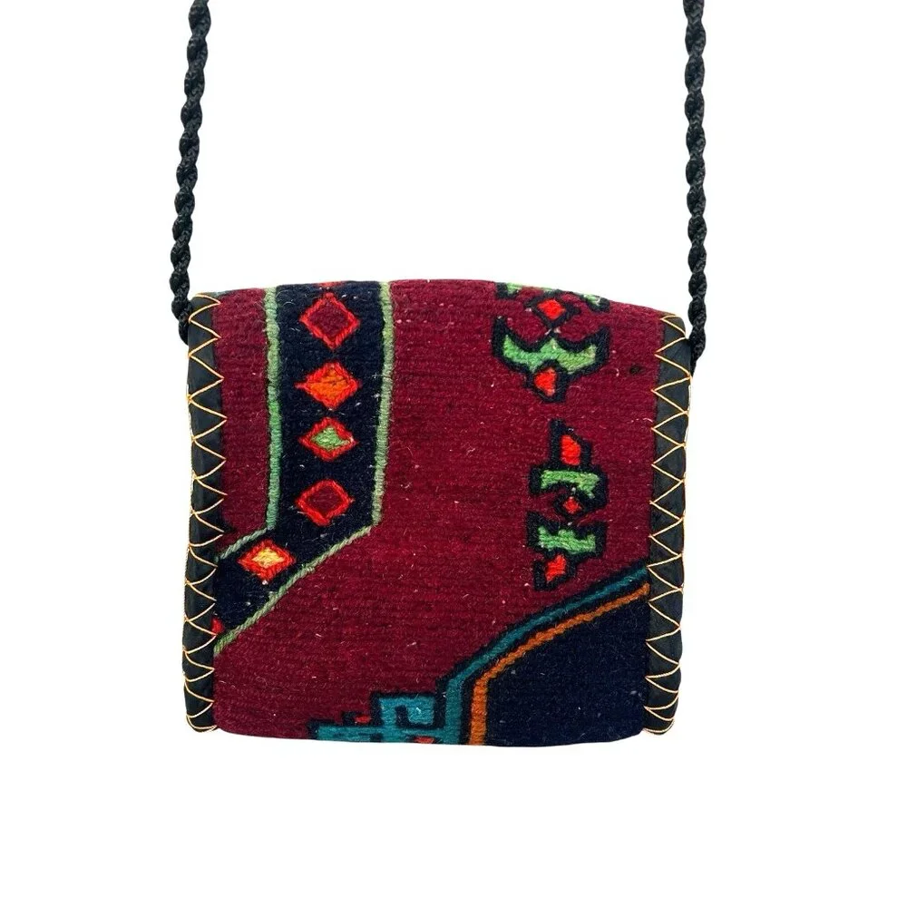 vtg Persian gilim hand woven wool kilim tribal messenger rug‎ bag sz M